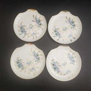 Set of 4 Crown Royal Japan Blue Flower Vintage Snack Plates with Gold edge Shell